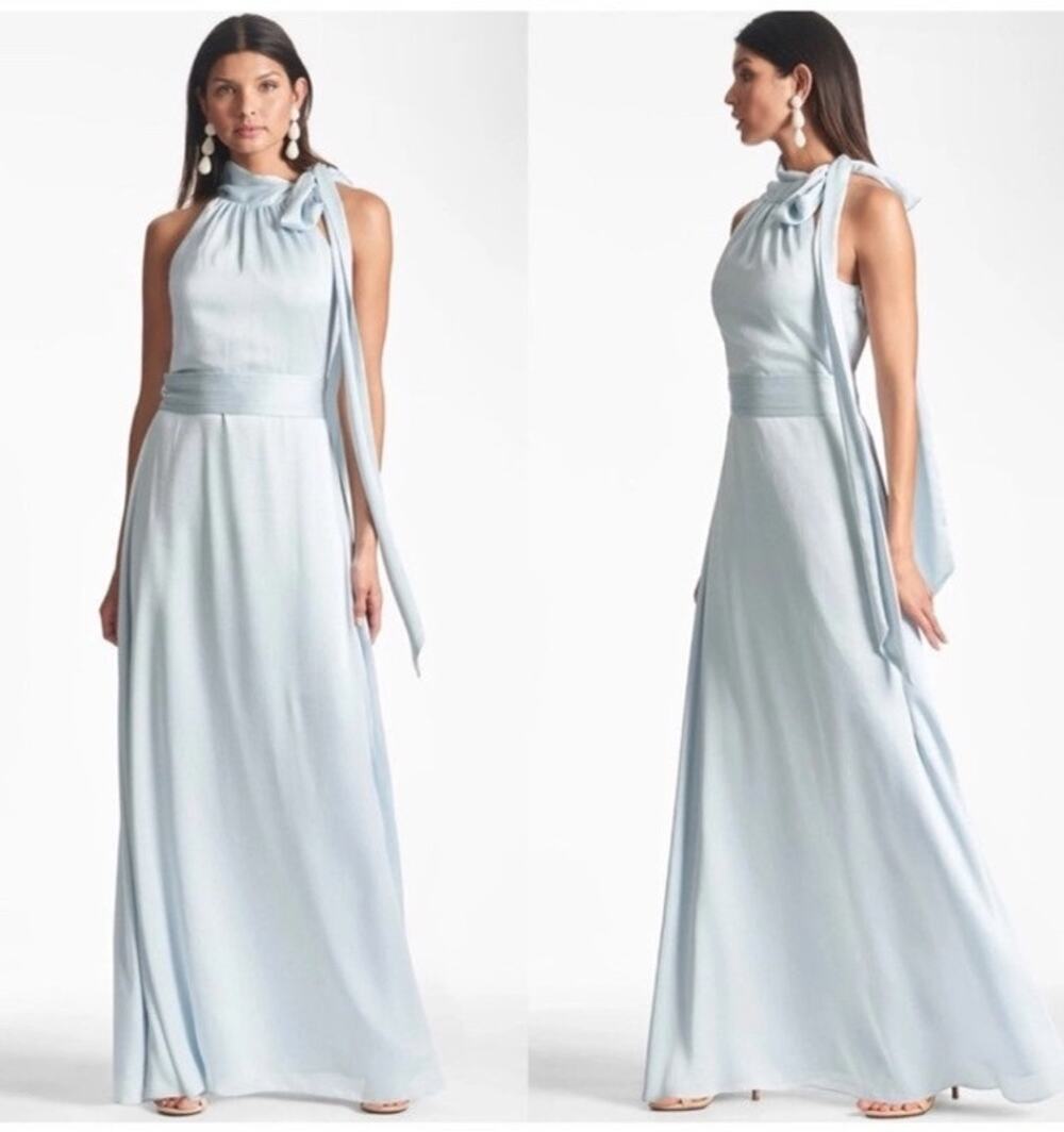 Sachin & Babi Kayla Tie High Neck Sleeveless Halter Bridesmaid Gown Ice Blue 6